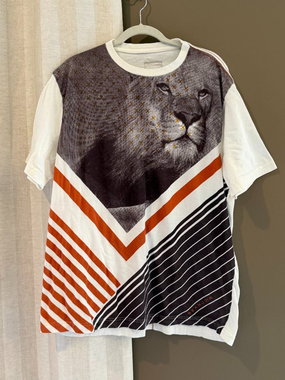 Sean John Lion Graphic Cotton T-Shirt Orange Black Stripes, Size 2X